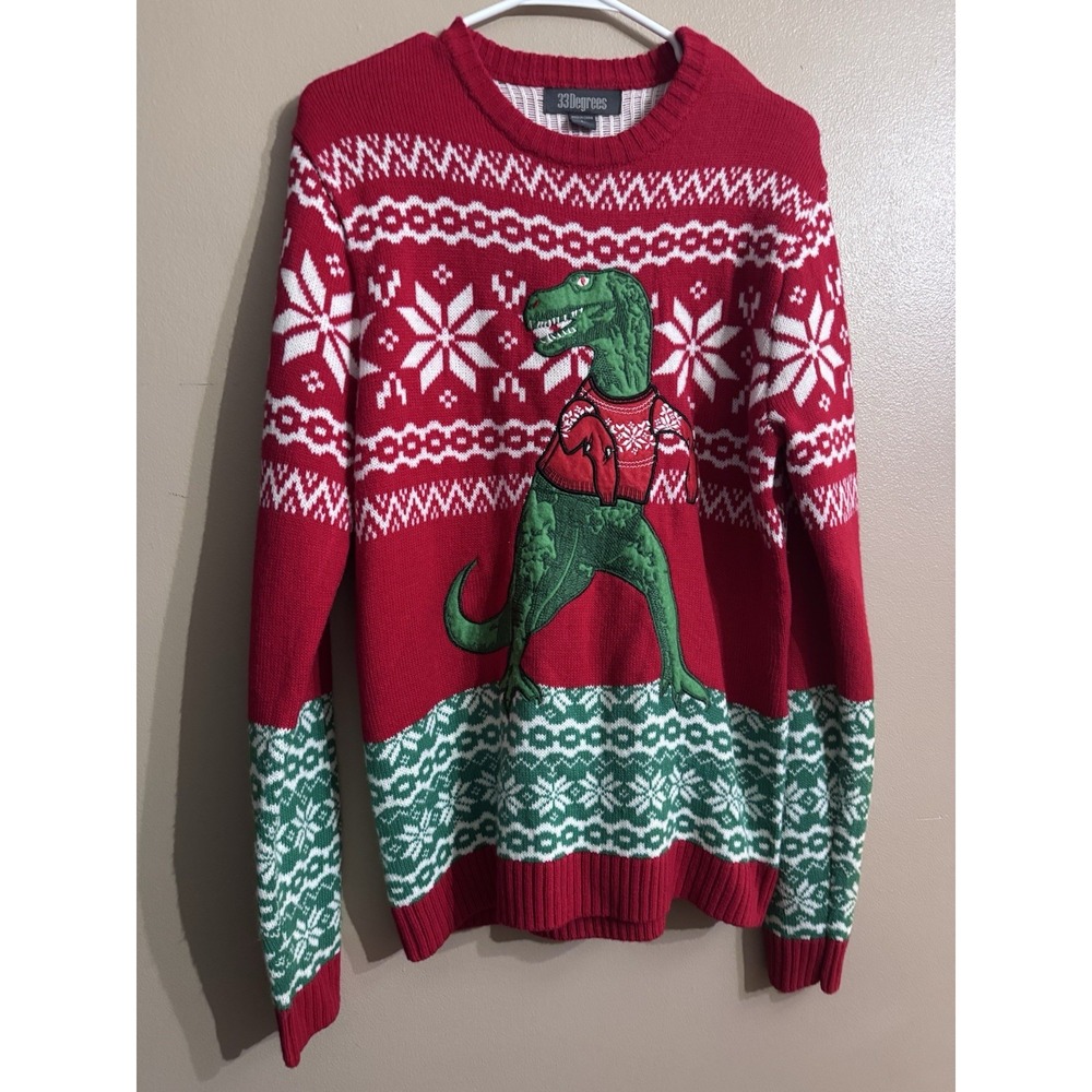 Women's Ugly Christmas Sweater T Rex Dinosaur Red Green Size Large 14 16
